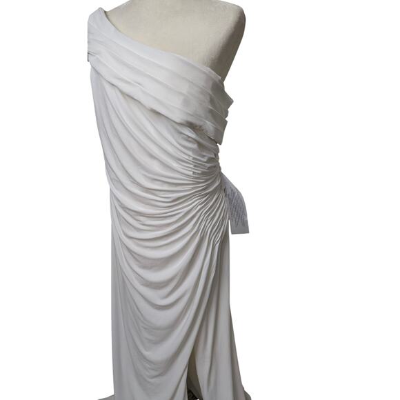 Mac Duggal Foldover Off-Shoulder Asymmetric Ruched White Jersey Maxi Gown sz 14 - Picture 13 of 16